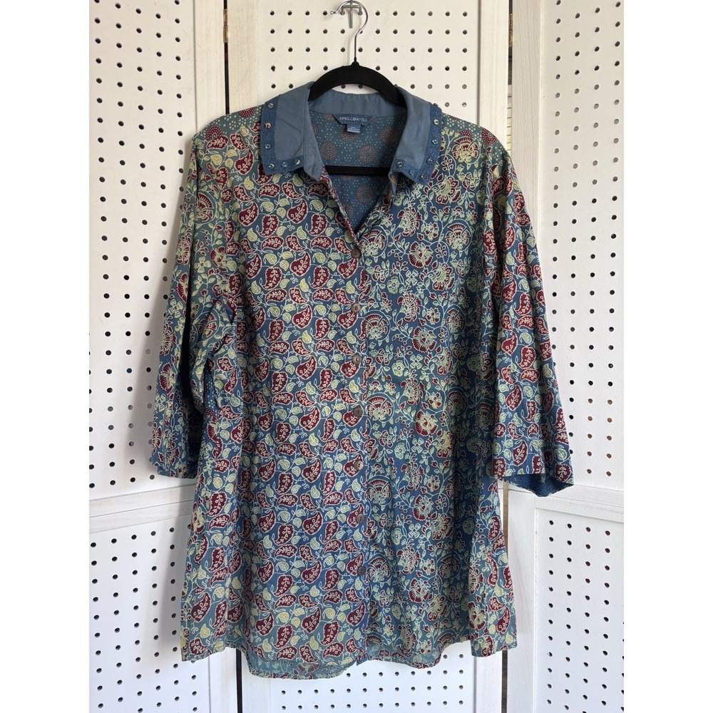 April Cornell Womens XXL Cotton 3/4 SLV Leaf Floral Button Down Shirt Split Back